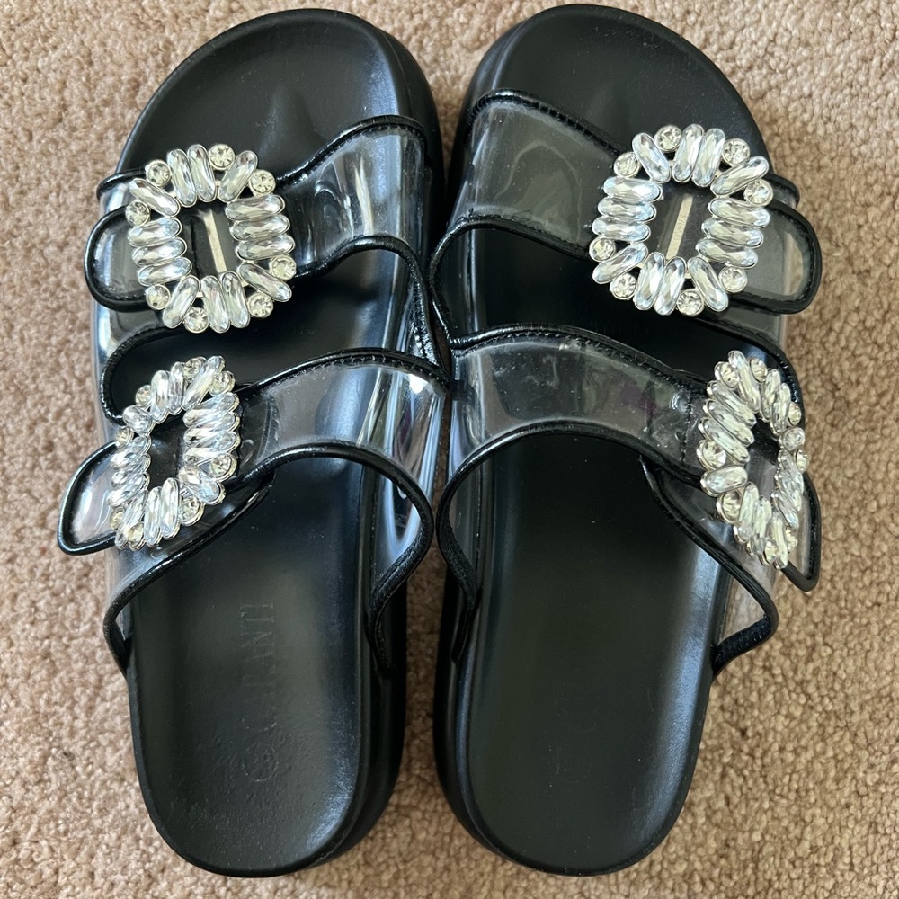 Elegant Black Slide Sandals with Crystal Embellishments Size 38